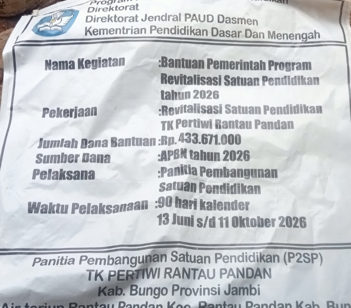 Revitalisasi TK Pertiwi Rantau Pandan Diragukan, Bahan Tak Sesuai Spesifikasi, Pengerjaan Terkesan Asal Jadi